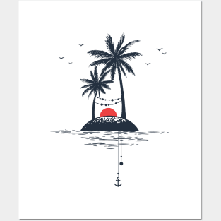 Beach. Palms. Sunset and Anchor. Geometric Style Posters and Art